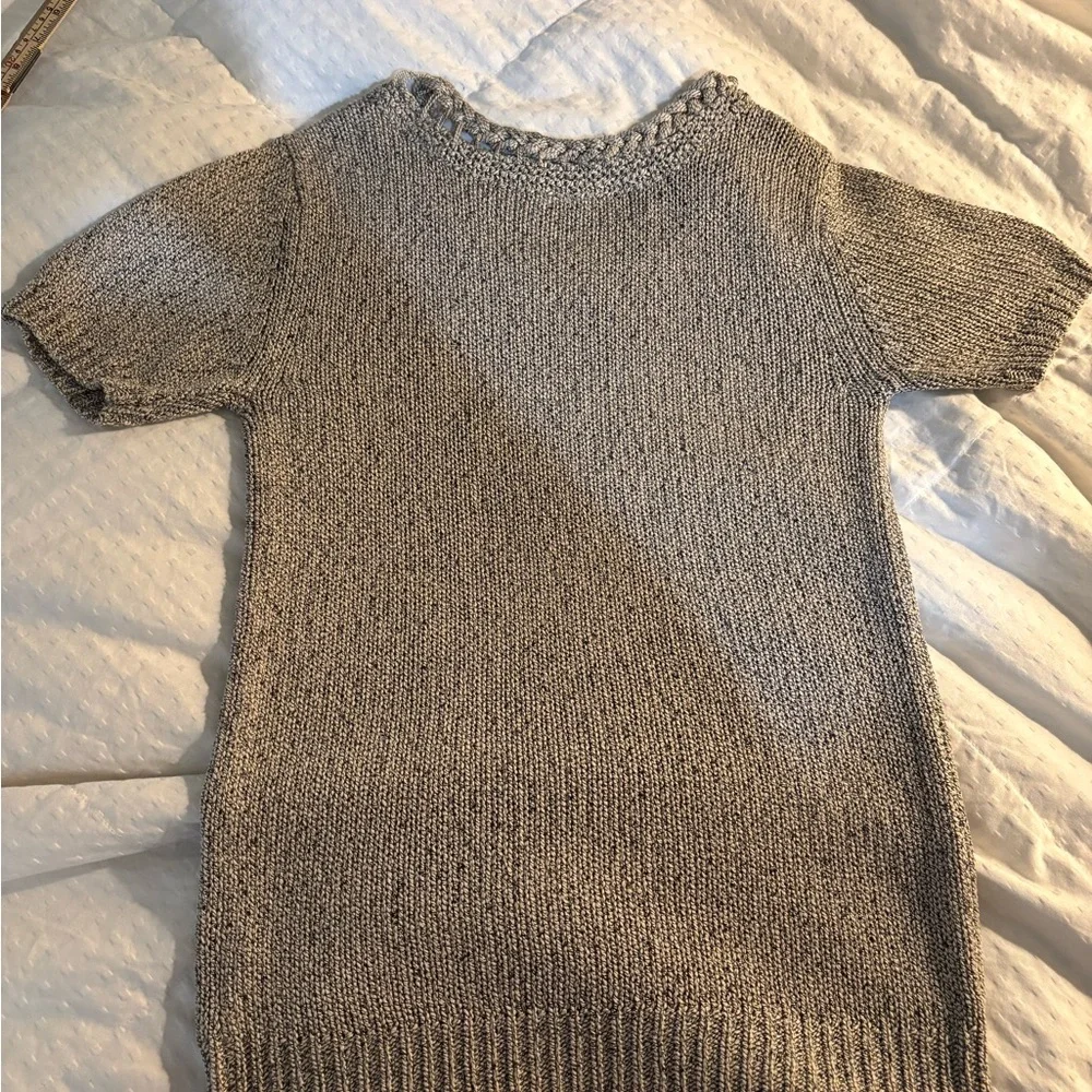 Anthropologie Moth Tan and Cream Short Sleeve Sweater Lattice Neckline XS